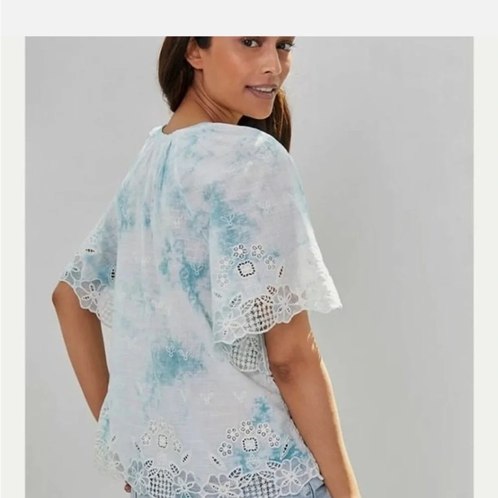 Anthropologie Embroidered Tie Dye Eyelet Lace Boho Puff‎ Sleeve Blouse